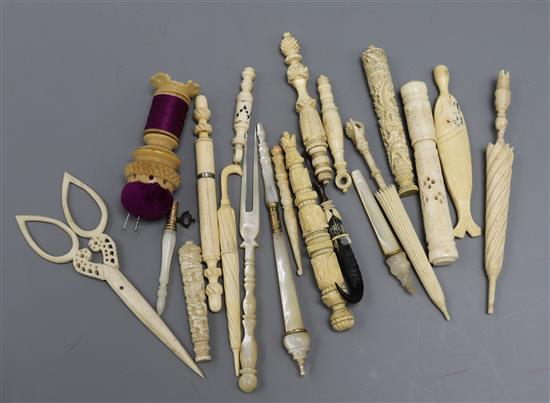 A collection of Victorian sewing accessories, including two Stanhopes